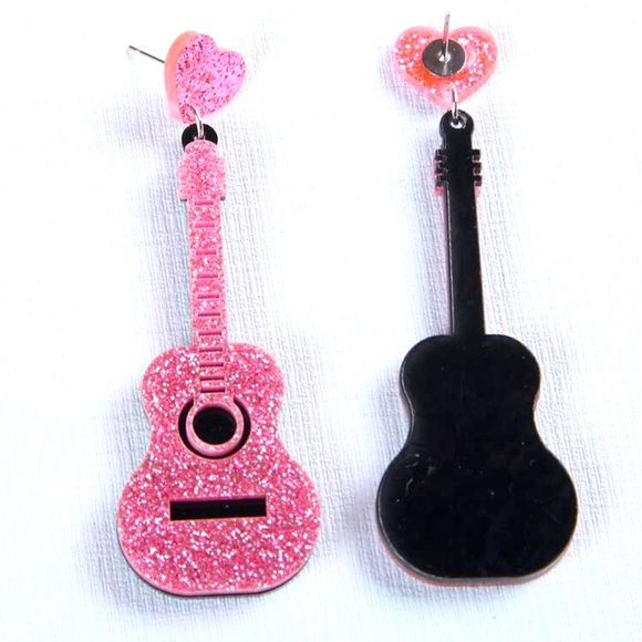 Pink Glitter Musical Instrument Guitar 🎸 Drop Earrings For Women - Picture 3 of 4